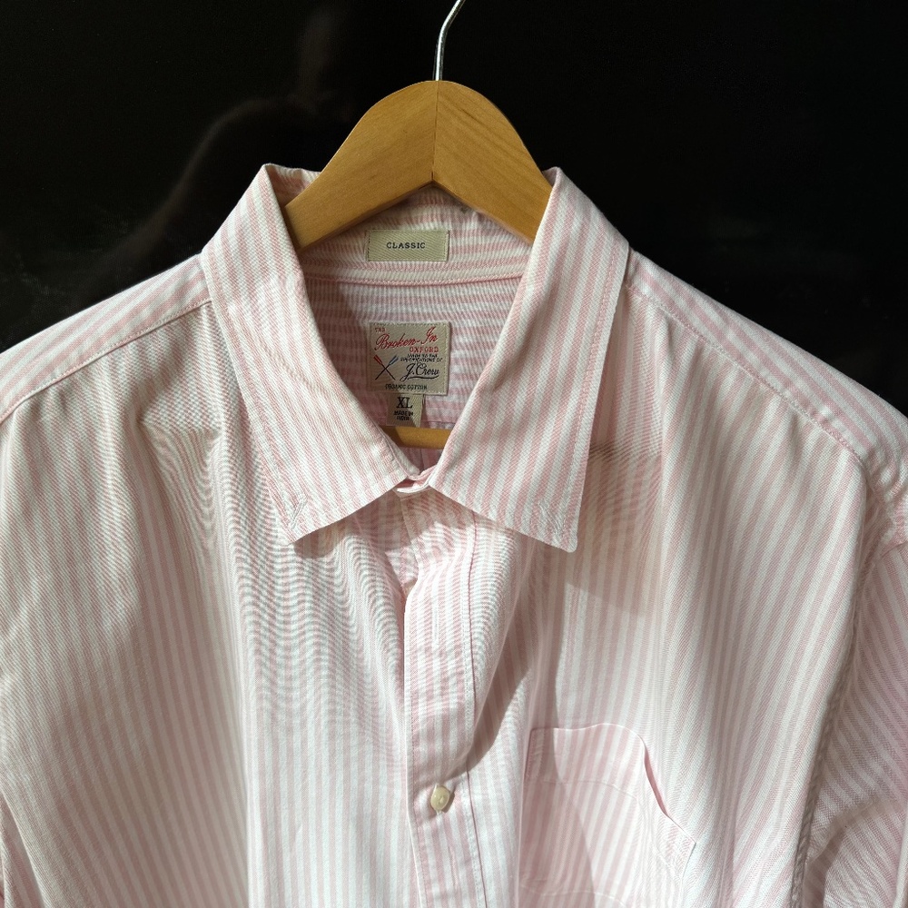 J Crew Broken In Oxford 100% Organic Cotton XL Pink/White Strip CLASSIC